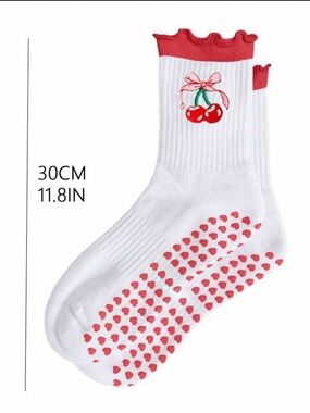 Pilates White Socks with Red Cherry Motif and Non-Slip Hearts